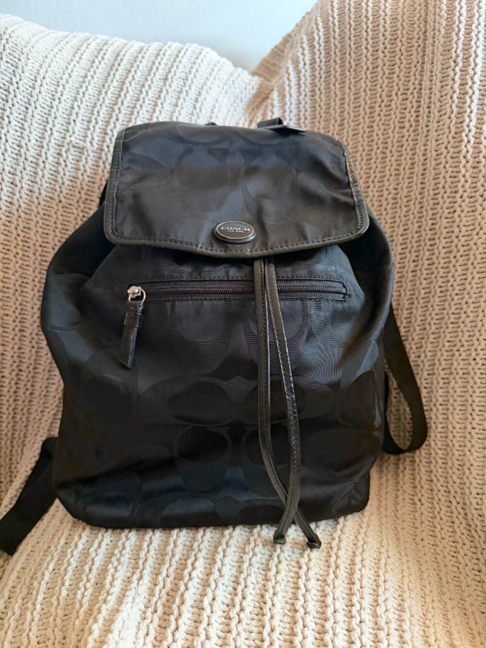 Coach F30731 Black Signature Nylon Drawstring Backpack